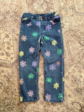 Blue Denim Jeans with Flower Print